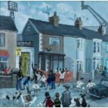 ‡ NICK HOLLY (b.1968) oil on canvas laid on board - football supporters outside the players entrance