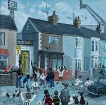 ‡ NICK HOLLY (b.1968) oil on canvas laid on board - football supporters outside the players entrance