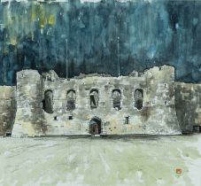 TOM JONES (Welsh 1936-2017) mixed media - entitled verso, 'Beaumaris Castle, North Gatehouse',