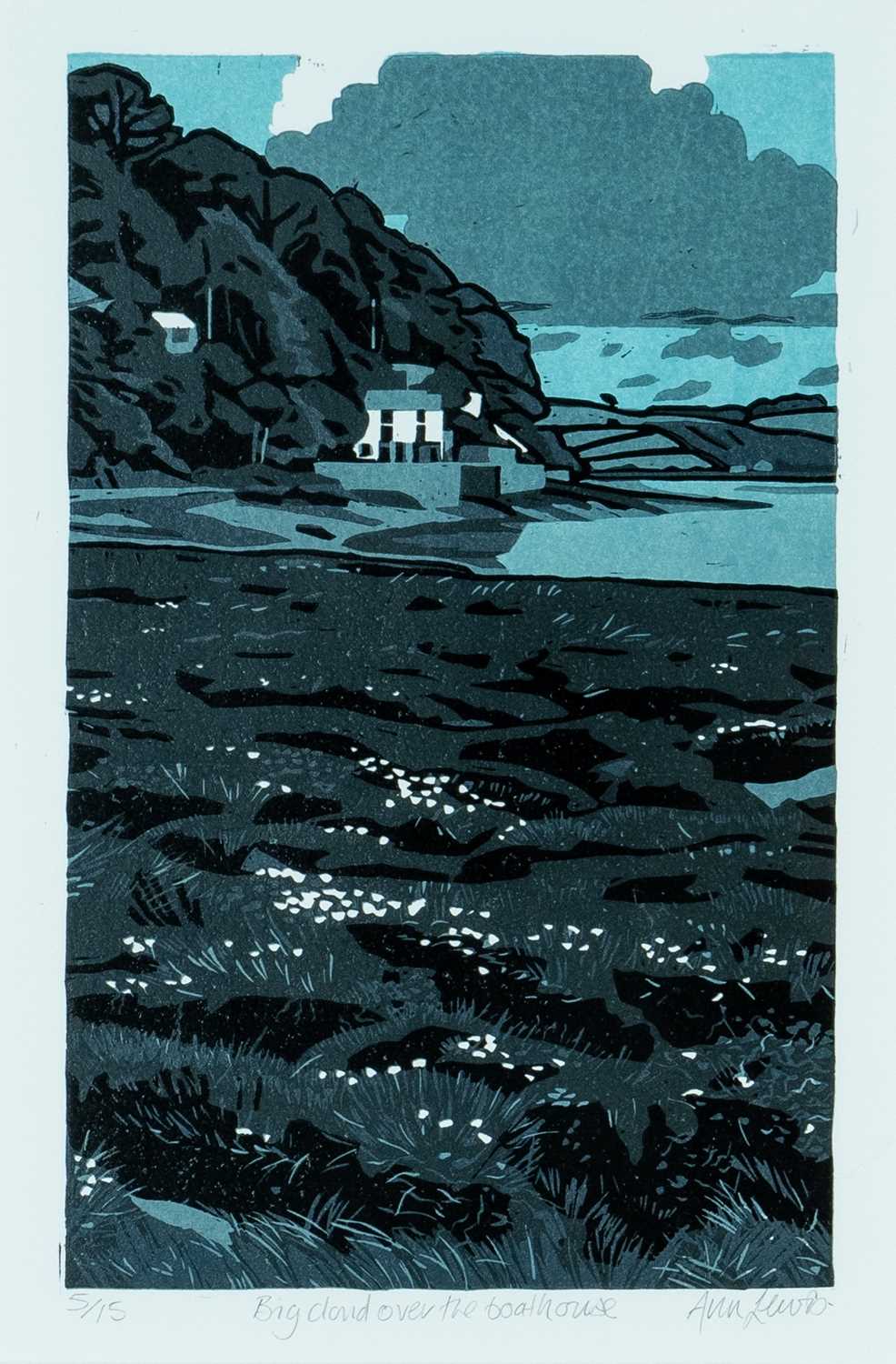 ‡ ANN LEWIS (Welsh b.1962) limited edition (5/15) linocut - entitled, 'Big Cloud Over the Boathouse'