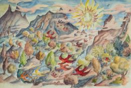 ‡ HELEN STEINTHAL (1911-1991) watercolour and pencil - flock of birds above landscape with sun and