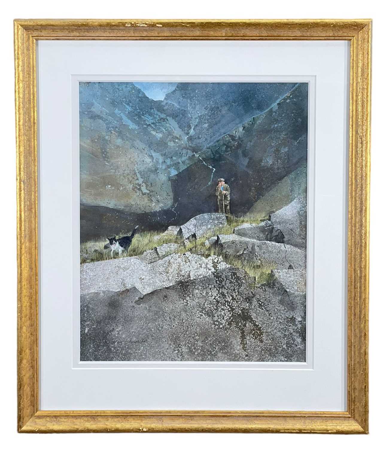 ‡ MALCOLM EDWARDS (Welsh b.1934) watercolour - entitled verso, 'Shepherd, Llanberis', signed, 40 x - Image 2 of 2