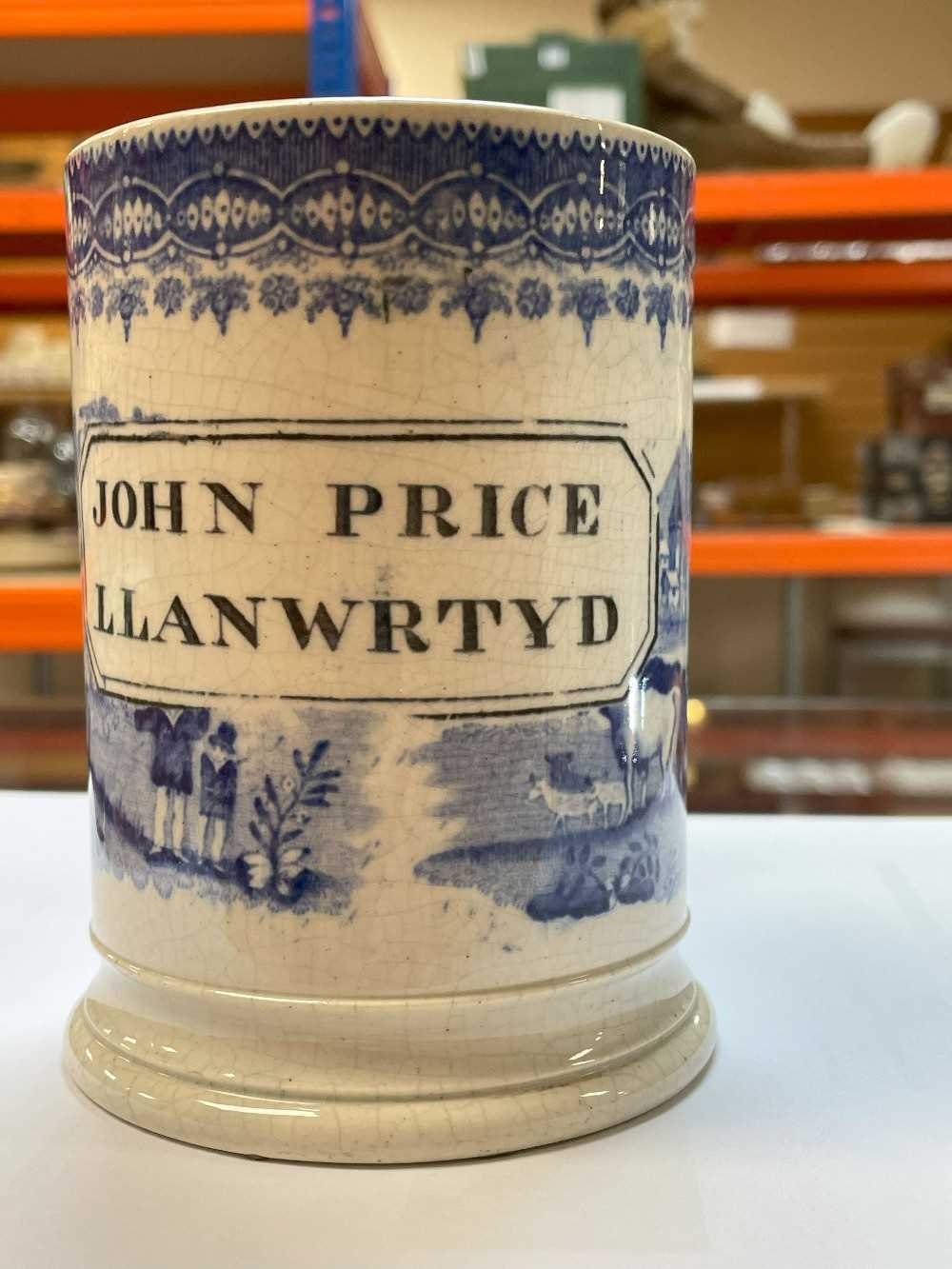 SWANSEA 'NAMED' BLUE & WHITE TANKARD printed in black with cartouche 'John Price Llanwrtyd' reserved - Image 9 of 14