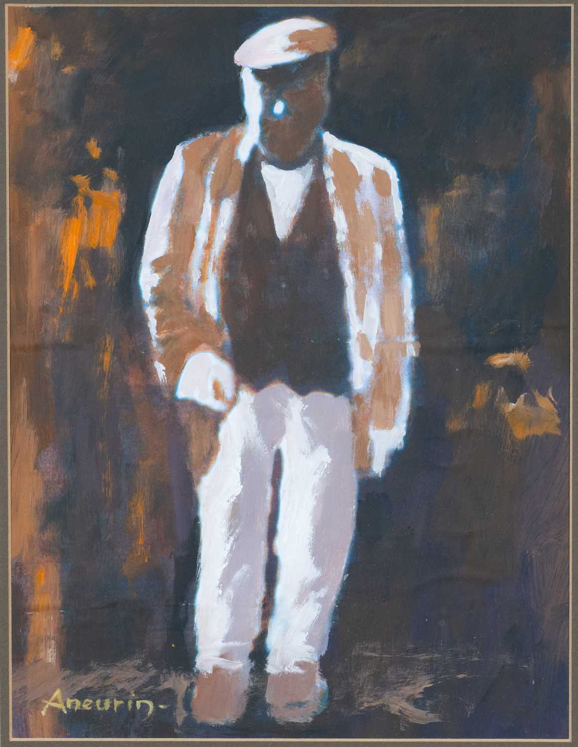 ‡ ANEURIN JONES (Welsh 1930-2017) oil on paper - standing farmer, with message verso, 'Dymuniadau