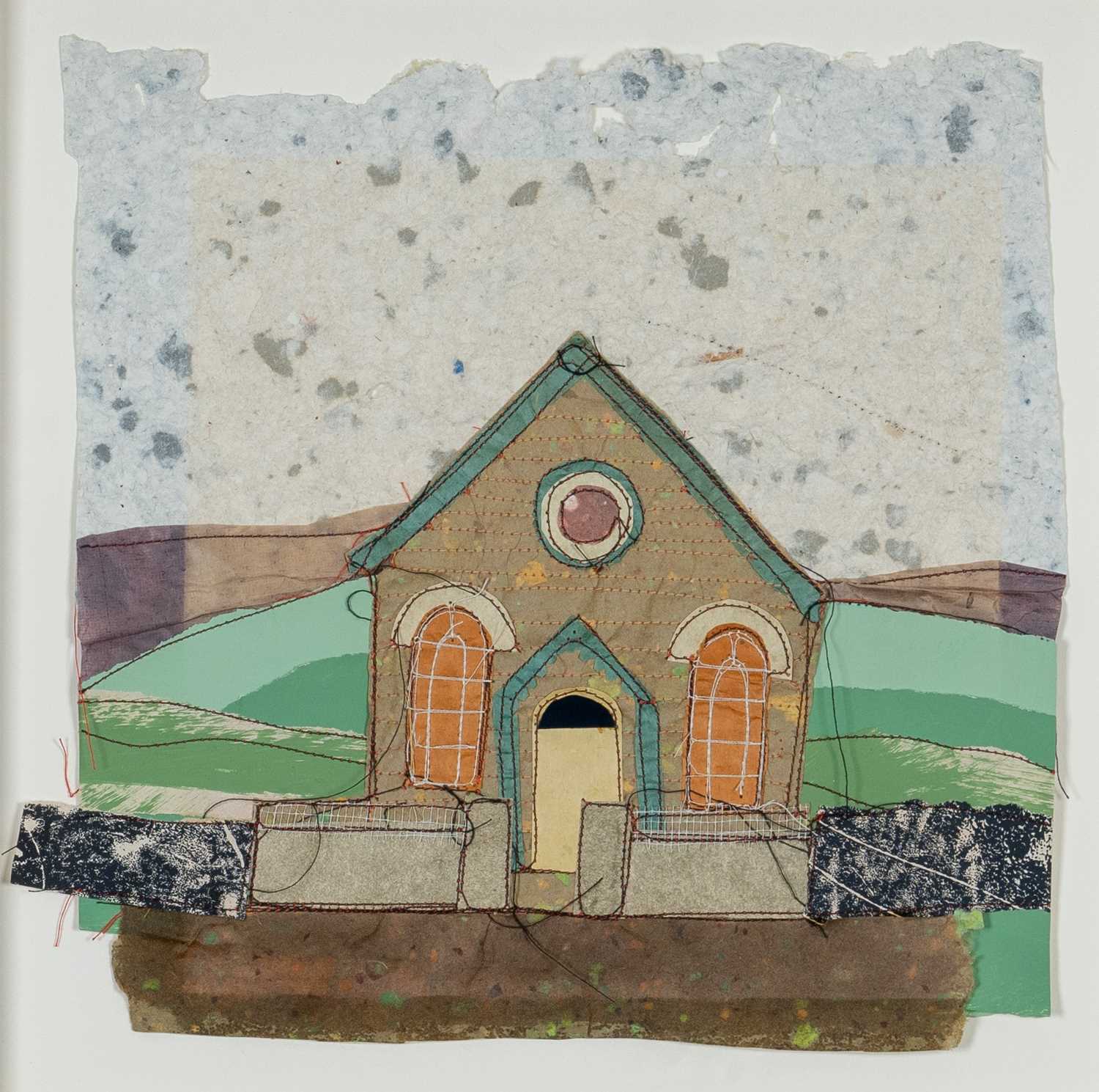 ‡ CEFYN BURGESS (Welsh b.1961) textile collage - isolated chapel and landscape, 28 x 29cms