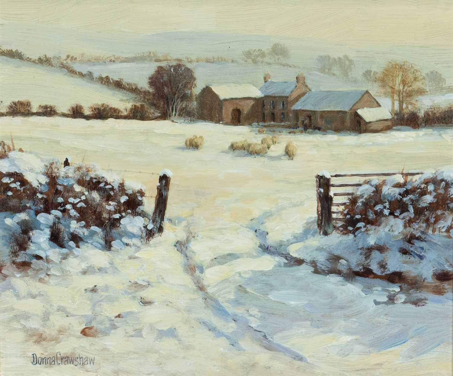 ‡ DONNA CRAWSHAW (b.1960) oil on board - entitled verso, 'Snow, Snow, Snow' on The Gallery at Trap