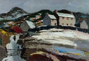 ‡ DONALD MCINTYRE (1923-2009) acrylic - upland farm in winter with figure, signed, 56 x 79cms