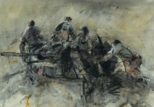 ‡ WILLIAM SELWYN (Welsh b. 1933) mixed media - entitled verso 'Fishermen Launching' on Albany