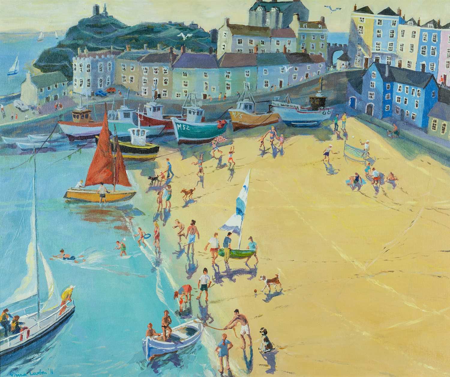 ‡ VIVIENNE LUXTON (b.1942) oil on board - entitled verso, 'Long Shadows, Tenby' on Albany Gallery