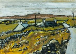 ‡ WILF ROBERTS (Welsh 1941-2016) acrylic on paper - Ynys Mon (Anglesey) landscape with rooftops