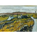 ‡ WILF ROBERTS (Welsh 1941-2016) acrylic on paper - Ynys Mon (Anglesey) landscape with rooftops