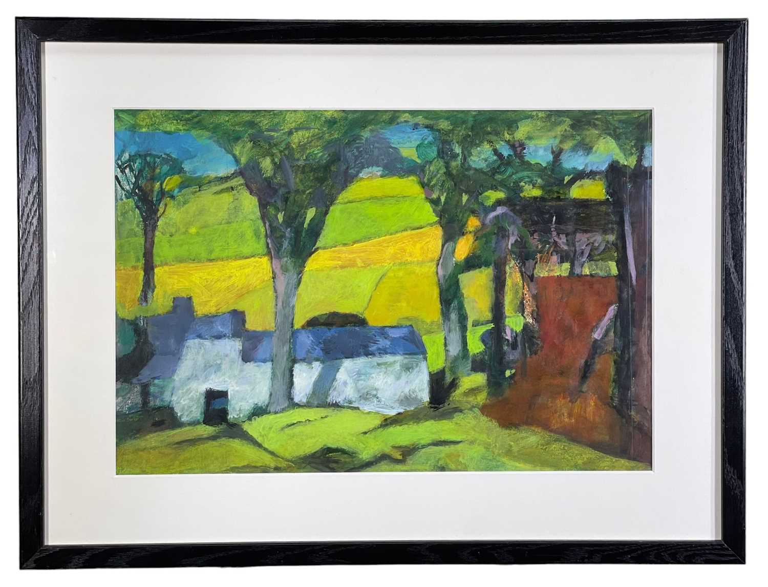 ‡ JOHN ELWYN (Welsh 1916-1997) acrylic on paper - entitled verso, 'Shaded Barns', with John Elwyn - Image 2 of 2