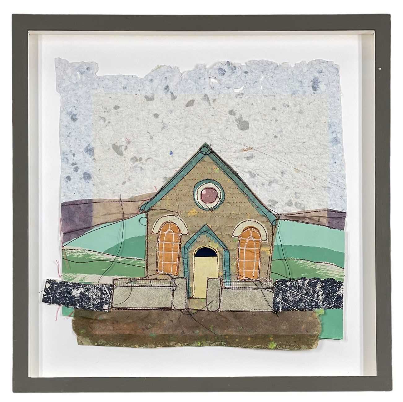 ‡ CEFYN BURGESS (Welsh b.1961) textile collage - isolated chapel and landscape, 28 x 29cms - Image 2 of 2