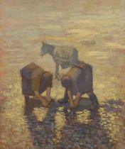 ‡ ANEURIN JONES (Welsh 1930-2017) oil on board - two female cockle pickers with a donkey in the
