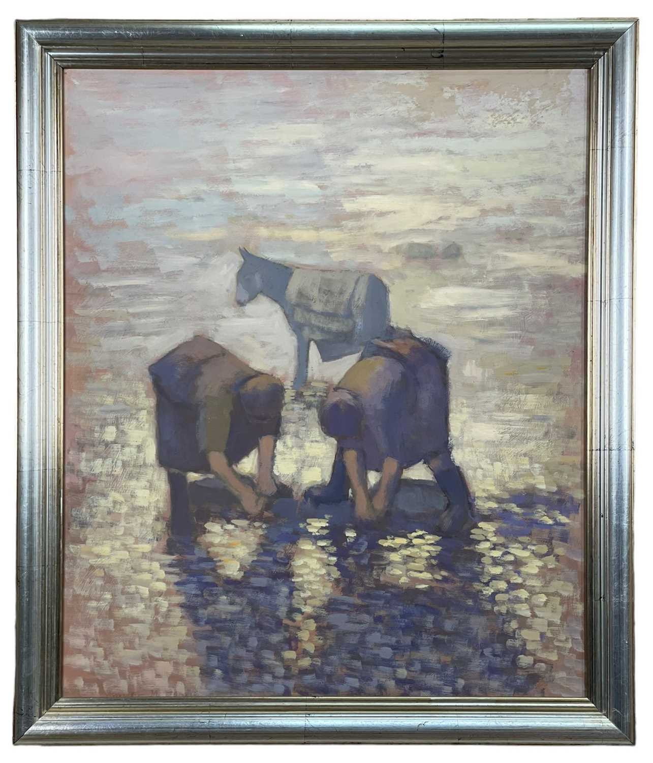 ‡ ANEURIN JONES (Welsh 1930-2017) oil on board - two female cockle pickers with a donkey in the - Image 2 of 2