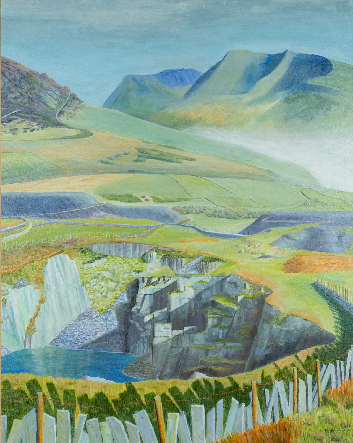 ‡ PIP KNIGHT-JONES (1933-2009) acrylic on canvas - entitled verso, 'Fron, Towards Snowdonia',