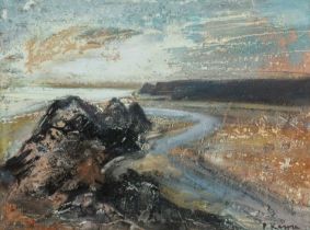 ‡ PETER KETTLE (b.1987) mixed media on canvas - entitled verso, 'Three Cliffs - Gower Peninsula'