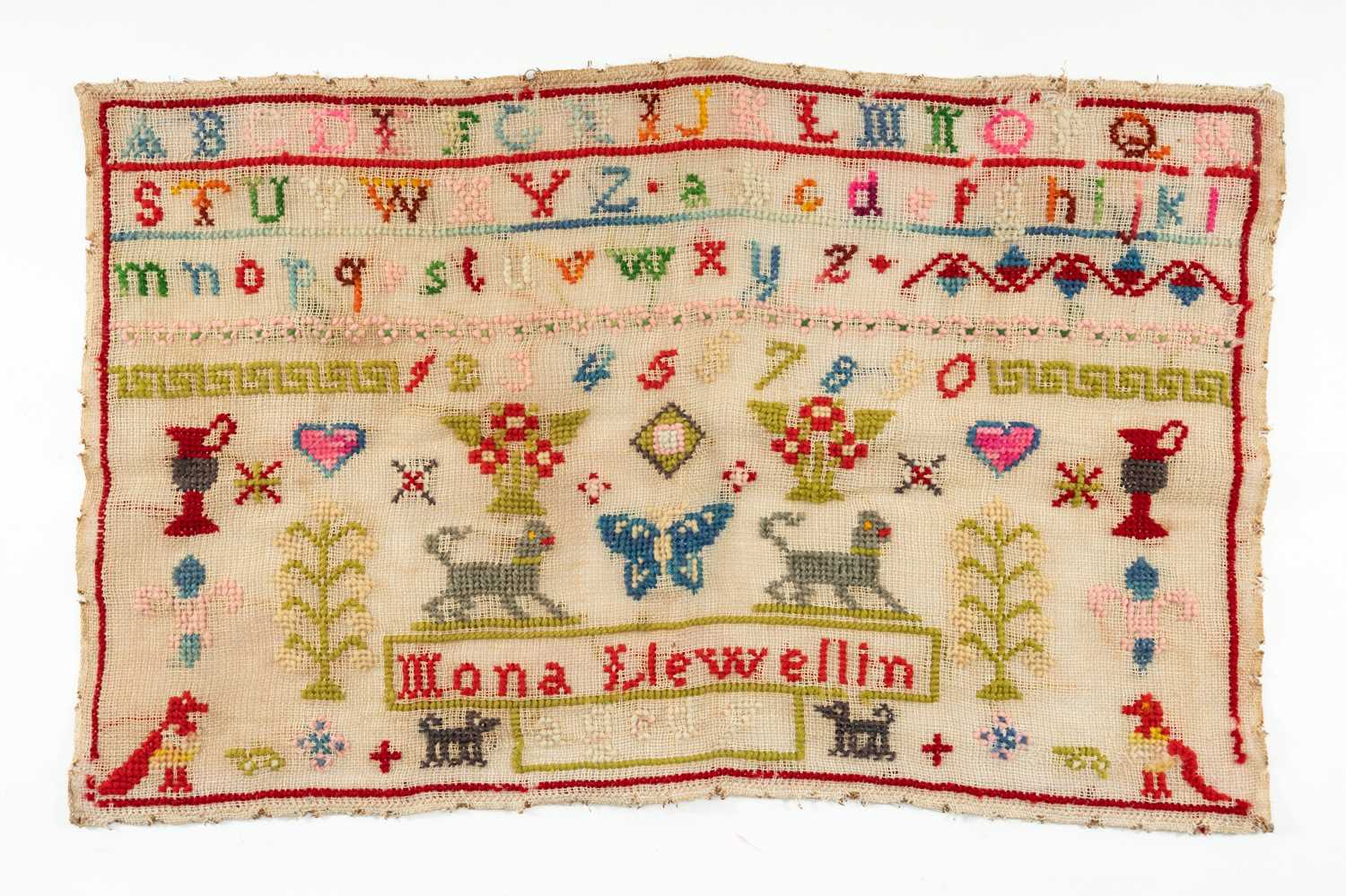‡ WELSH EMBROIDERED SAMPLER circa 1890s, alphabetical, numerical and pictorial, worked by Mona