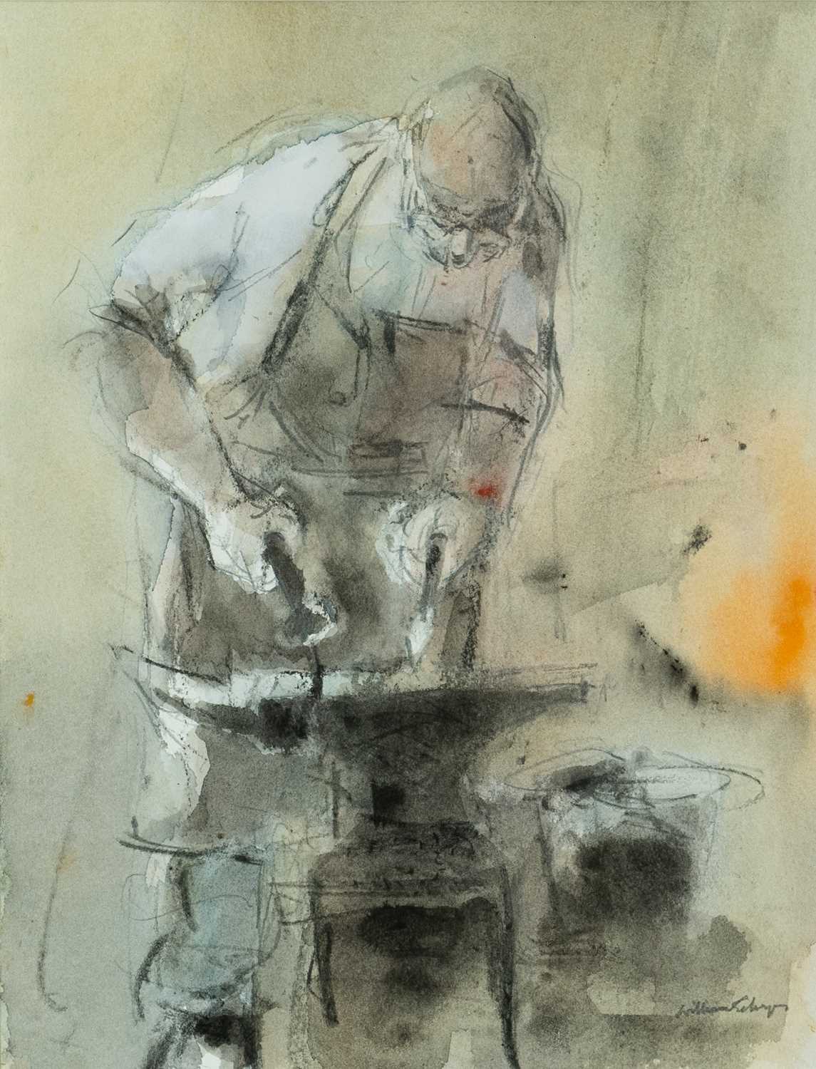 ‡ WILLIAM SELWYN (Welsh b. 1933) mixed media on paper - blacksmith in his workshop with burning
