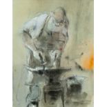 ‡ WILLIAM SELWYN (Welsh b. 1933) mixed media on paper - blacksmith in his workshop with burning