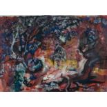 ‡ LESLIE MOORE (Welsh 1913-1976) mixed media - park with gnarled tree and figures, 47 x 65cms