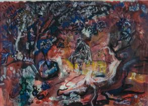 ‡ LESLIE MOORE (Welsh 1913-1976) mixed media - park with gnarled tree and figures, 47 x 65cms