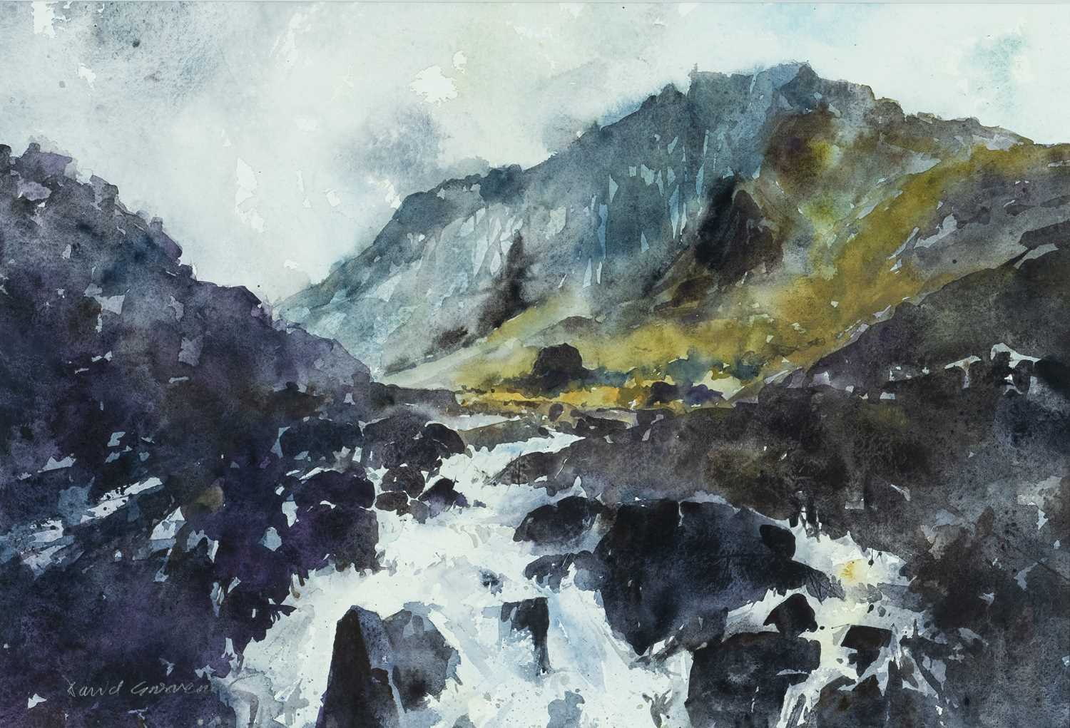 ‡ DAVID GROSVENOR (b.1956) watercolour - entitled verso, 'Tryfan II' on Oriel Tegfryn Gallery label,