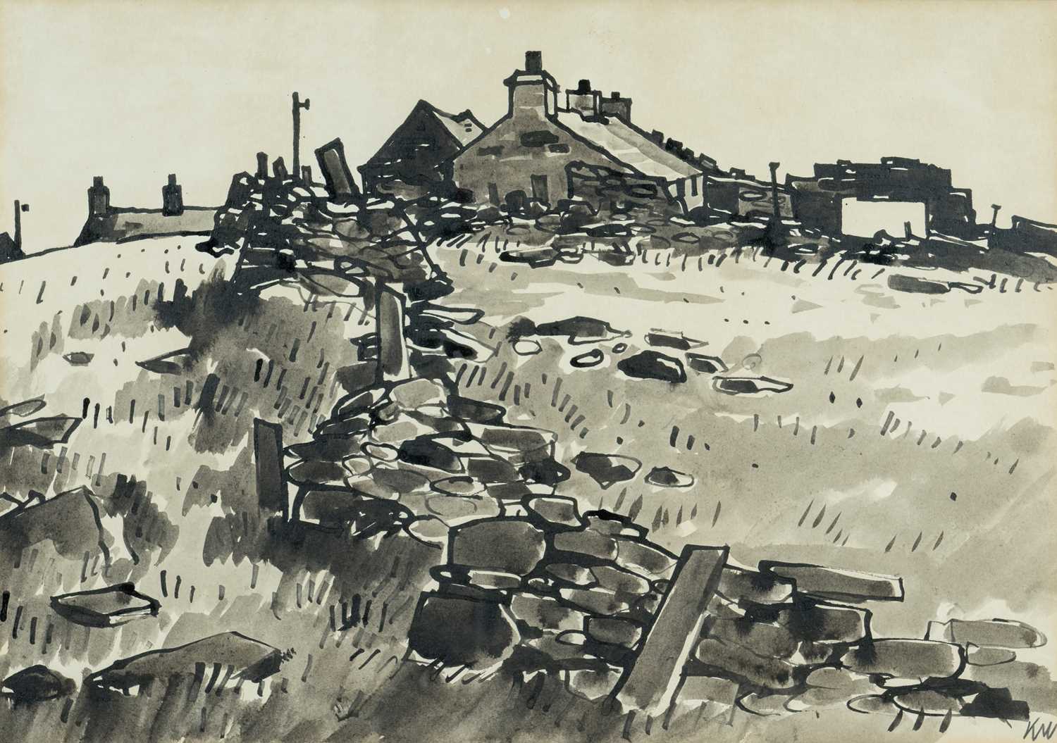 ‡ SIR KYFFIN WILLIAMS RA ink and wash - farmstead with dry stone walls, Tegfryn Art Gallery label