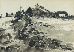 ‡ SIR KYFFIN WILLIAMS RA ink and wash - farmstead with dry stone walls, Tegfryn Art Gallery label