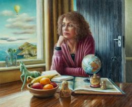 ‡ SALLY MOORE (Welsh b.1962) oil on panel - entitled verso, 'Globe Trotter' on Martin Tinney Gallery