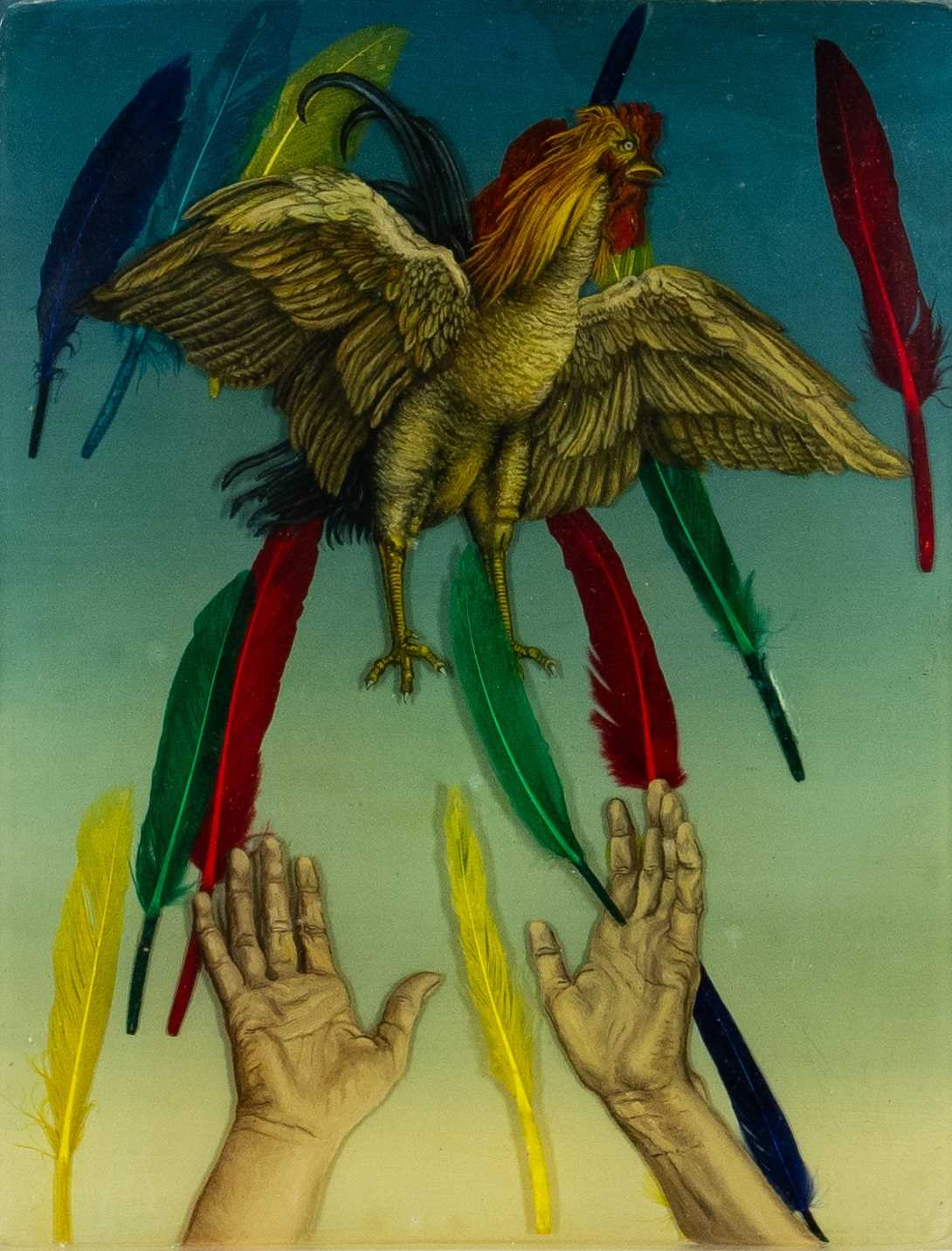 ‡ ALAN SALISBURY (b.1946) mixed media and oil on glass panel - entitled verso, 'Durer's Cock' on
