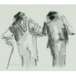 ‡ MIKE JONES (Welsh 1941-2022) inkwash on paper - entitled verso, 'Farmers on a Rail', signed, 23