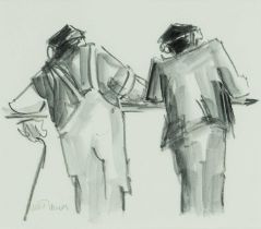 ‡ MIKE JONES (Welsh 1941-2022) inkwash on paper - entitled verso, 'Farmers on a Rail', signed, 23