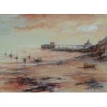 ‡ VALERIE GANZ (Welsh 1936-2015) watercolour - Mumbles Pier, Swansea with moored boats at sunset,