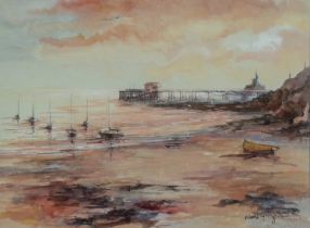 ‡ VALERIE GANZ (Welsh 1936-2015) watercolour - Mumbles Pier, Swansea with moored boats at sunset,