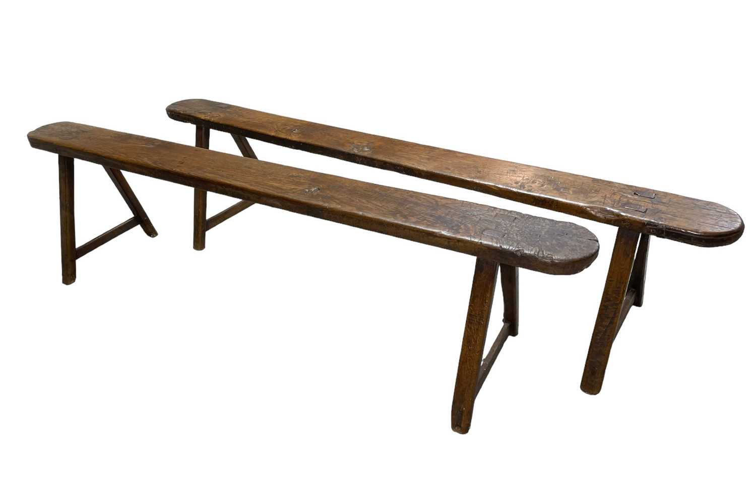 PAIR PRIMITIVE JOINED OAK LONG BENCHES, 19th Century, on A-shaped trestle end supports mortised - Image 3 of 3