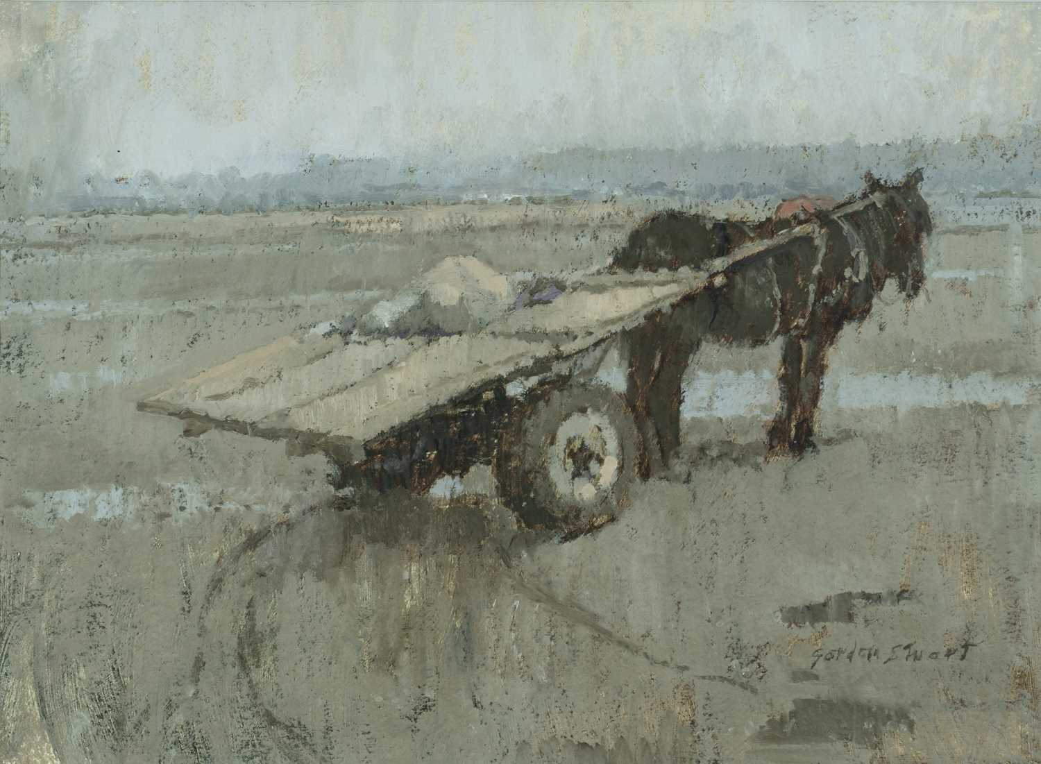‡ GORDON STUART (1924-2015) oil on paper - Penclawdd beach with cockle cart, signed, 48 x 66cms
