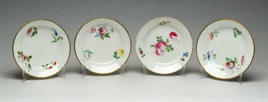 SET OF FOUR SWANSEA PORCELAIN DESSERT PLATES circa 1818-1820, in the Trident paste, each painted