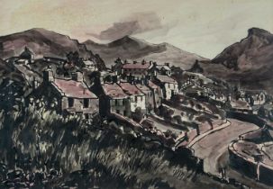 ‡ SIR KYFFIN WILLIAMS RA unusually large mixed media on paper - Talysarn Village, Caernarfon in