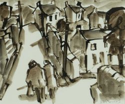 ‡ MIKE JONES (Welsh 1941-2022) inkwash on paper - entitled verso, 'Tyle Mount', signed, 21 x 26cms