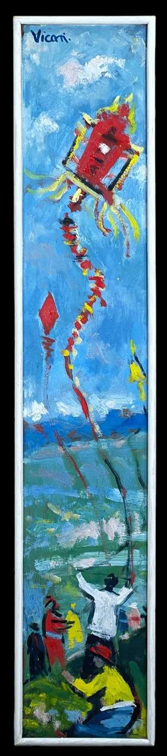 ‡ ANDREW VICARI (Welsh 1932-2016) oil on board - figures flying kites, signed, 90 x 16cms - Image 2 of 2