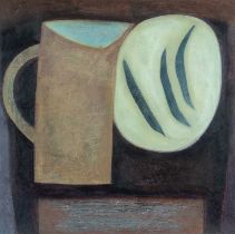 ‡ VIVIENNE WILLIAMS (Welsh b.1955) mixed media - entitled verso, 'Jug with Plate of Beans' on Martin