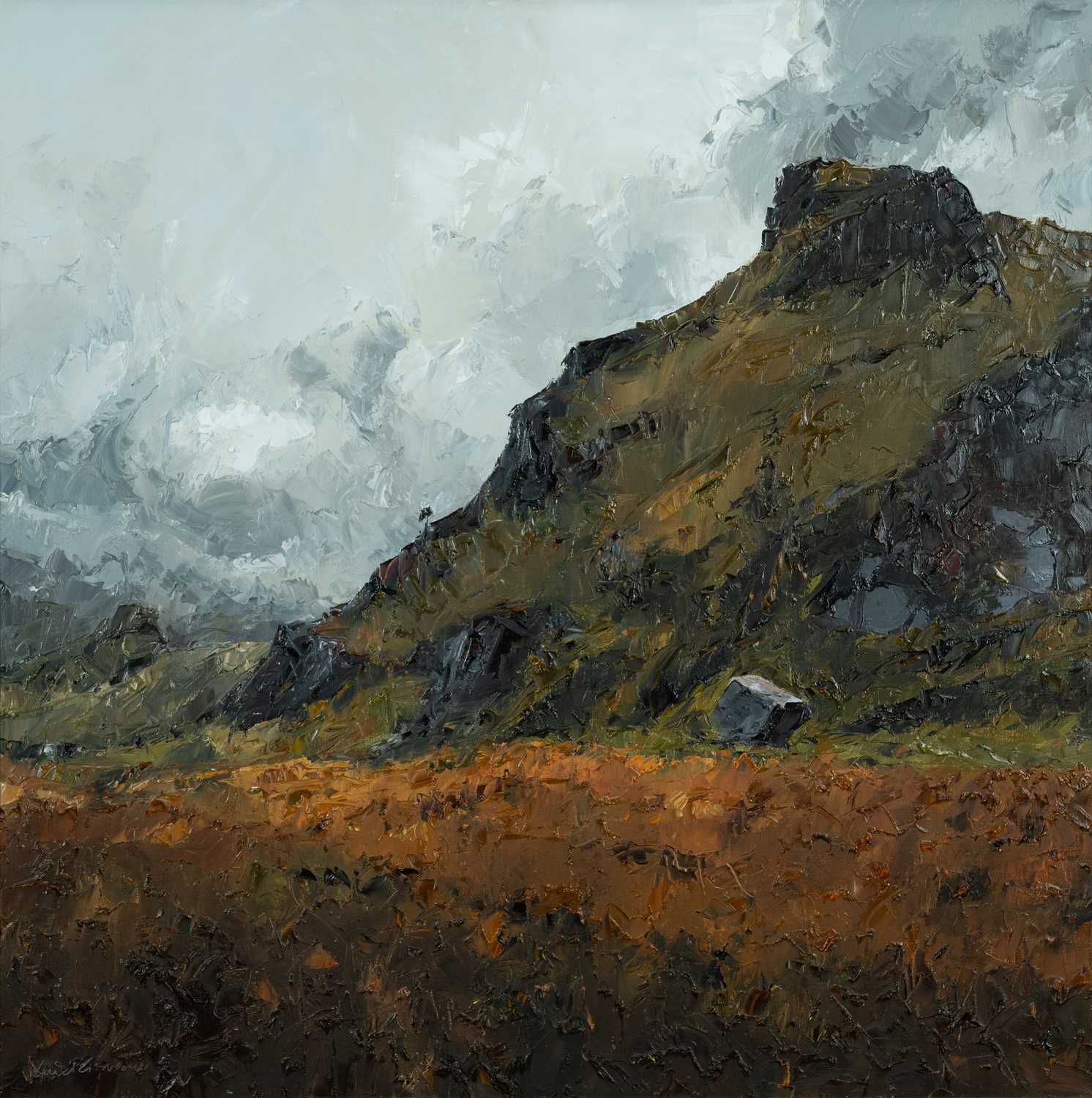 ‡ DAVID GROSVENOR (b.1956) oil on canvas - entitled verso, 'Clogwyn y Barcut, Drws-y-Coed' on Ffin y