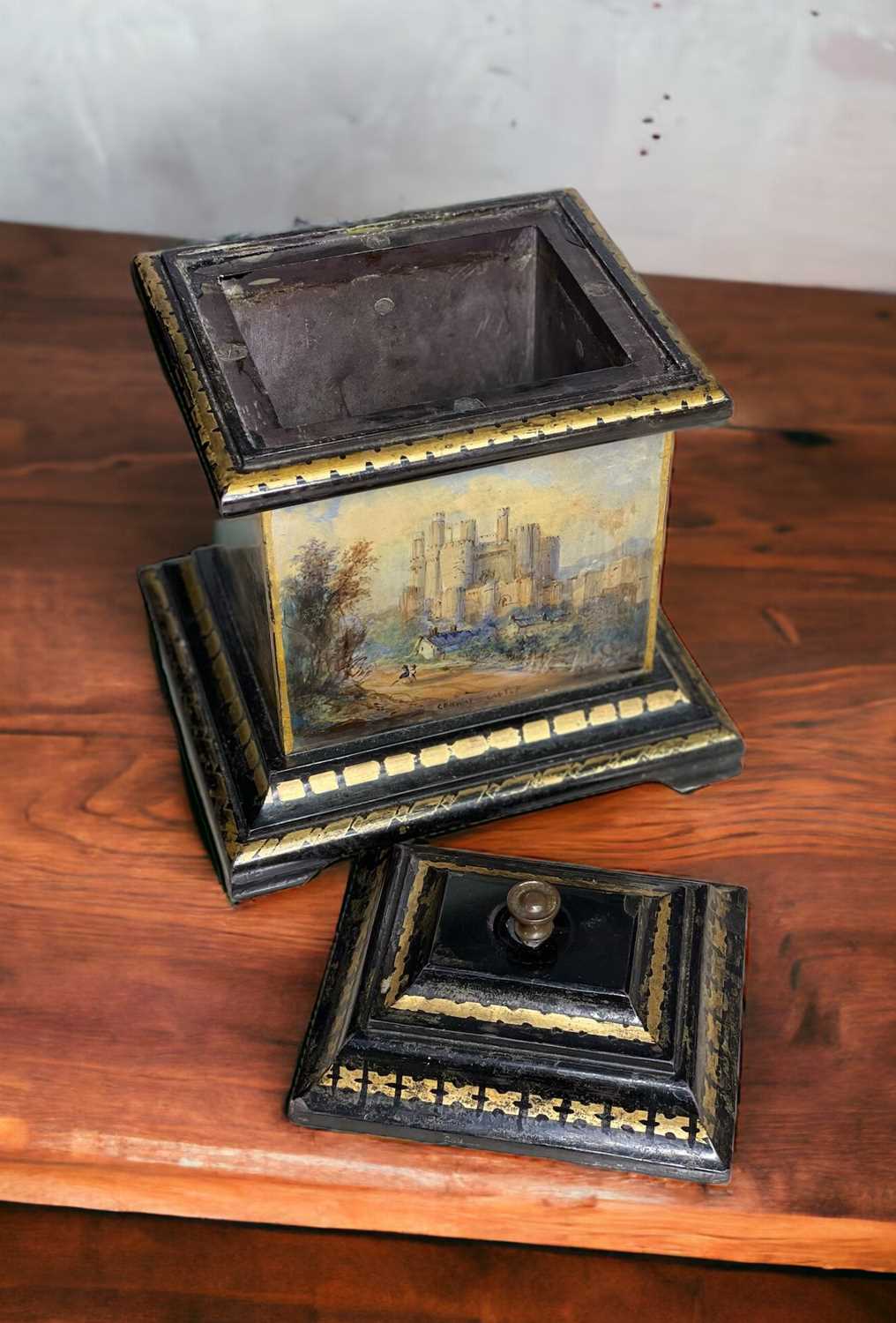 WELSH FOLK ART SLATE TEA CADDY circa 1850, with four hand-painted panels depicting north Wales - Image 6 of 6