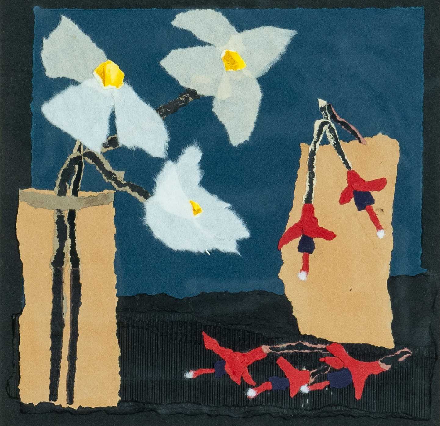 ‡ ROSEMARY BURTON (Welsh b.1939) collage - entitled verso 'Flowers on a Table' on Martin Tinney