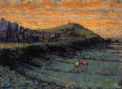 ‡ HYWEL HARRIES (1921-1990) oil on board - sunset over Borth, Ceredigion, with two beachcombers,