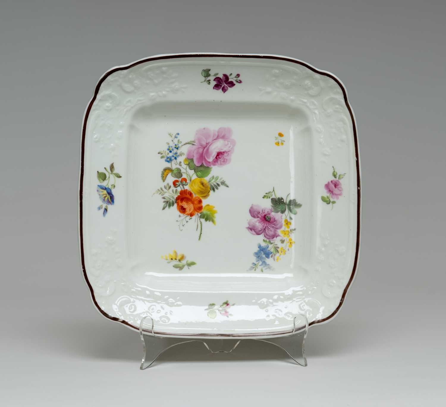 NANTGARW PORCELAIN SQUARE DESSERT DISH circa 1817-1820, moulded c-scroll borders, painted by