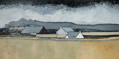 TOM JONES (Welsh 1936-2017) oil on board - entitled verso, 'Llyn Landscape', signed with monogram,