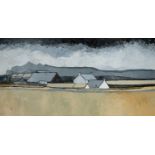 TOM JONES (Welsh 1936-2017) oil on board - entitled verso, 'Llyn Landscape', signed with monogram,