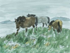 ‡ SIR KYFFIN WILLIAMS RA pencil and watercolour - entitled verso, 'Ponies in Anglesey', signed
